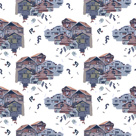 Group of small houses in a mountains with white walls and red tiled roofsのイラスト素材