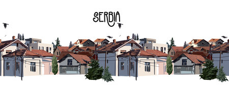 Group of small houses in a mountains with white walls and red tiled roofsのイラスト素材