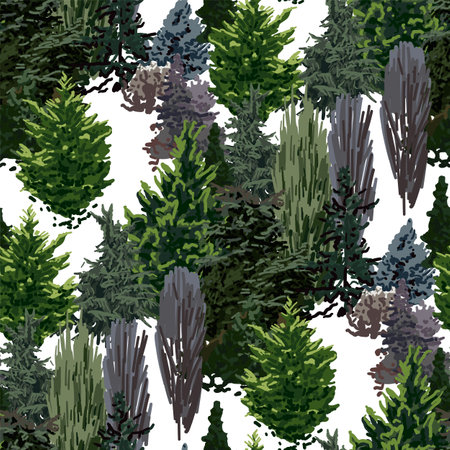 Vector seamless pattern of lush coniferous and deciduous treesのイラスト素材