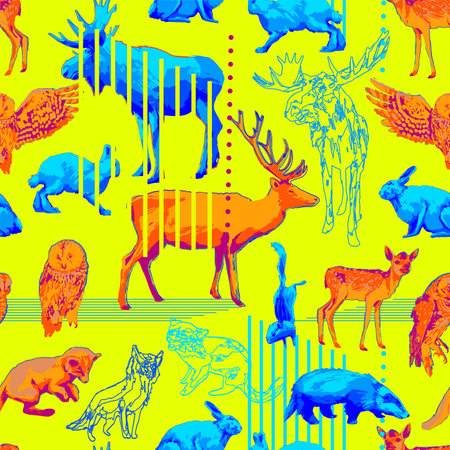Repeated seamless pattern of different forest animalsのイラスト素材