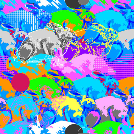 Repeated seamless pattern of cute rabbits in the side viewのイラスト素材