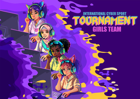 Team of diverse girls gamers or streamers sitting at a computer in a headset.のイラスト素材