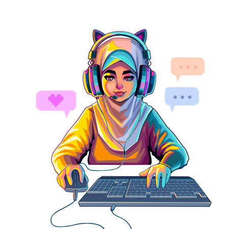 Muslim girl gamer or streamer with cat ears headset sits in front of a computerのイラスト素材