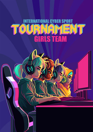 Team of diverse girls gamers or streamers sitting in front of a computers in a headsets.のイラスト素材