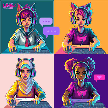 Video conference of diverse girls ith cat ears headset sits in front of a computerのイラスト素材