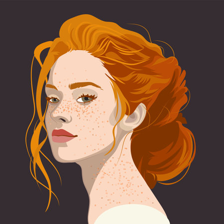 Portrait of a beautiful girl with freckles and red hair with a beam.のイラスト素材
