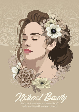 Portrait of a beautiful brunette girl with curly hair decorated with flowersのイラスト素材