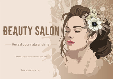 Portrait of a beautiful brunette girl with curly hair decorated with flowersのイラスト素材