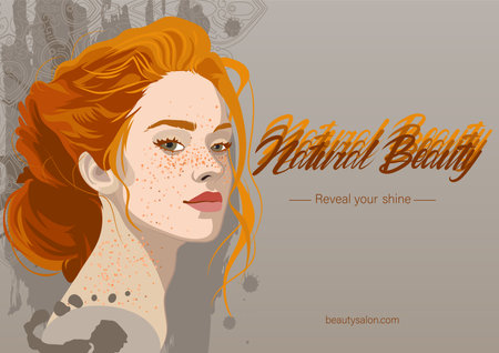 Portrait of a beautiful girl with freckles and red hair with a beam.のイラスト素材