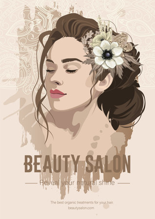 Portrait of a beautiful brunette girl with curly hair decorated with flowersのイラスト素材