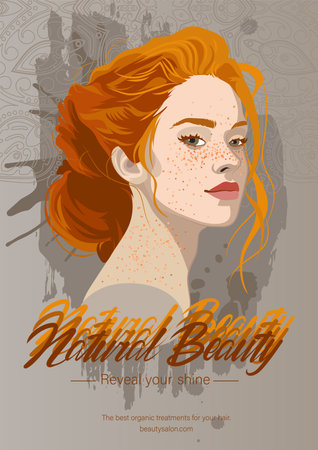 Portrait of a beautiful girl with freckles and red hair with a beam.のイラスト素材