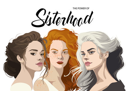 Group portrait of a three beautiful girls with various hair color and styleのイラスト素材