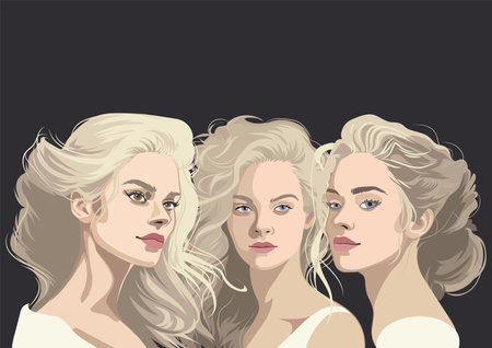 Group portrait of a three beautiful blonde girls with various ed hairstyles.のイラスト素材