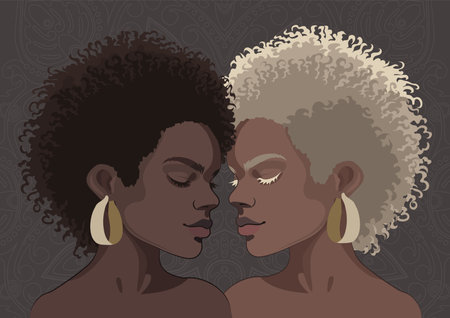Group portrait of a two beautiful african girls with brunette and blonde curly hair.のイラスト素材