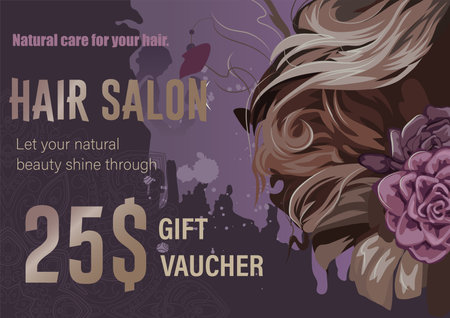 Abstract flayer for a beauty salon with curly hair and flowers.のイラスト素材