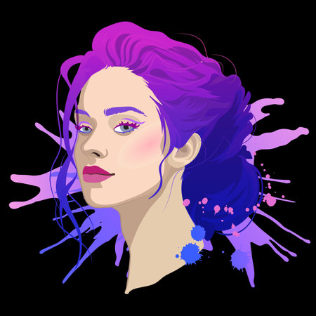 Portrait of a beautiful girl with purple dyed hair with a beam and splashes.のイラスト素材