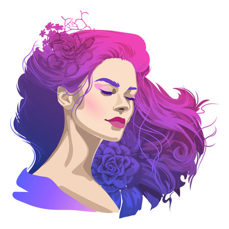 Girl with closed eues and loose purple dyed hair decorated with flowers.のイラスト素材