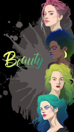 Group portrait of a four beautiful girls with various hair color and style.のイラスト素材