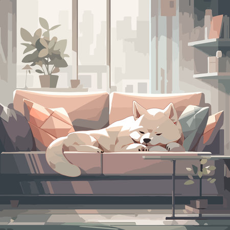 Cute dog having a nap on a soft couch in a bright apartmentのイラスト素材