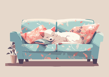 Cute dog having a nap on a soft couch in a bright apartmentのイラスト素材
