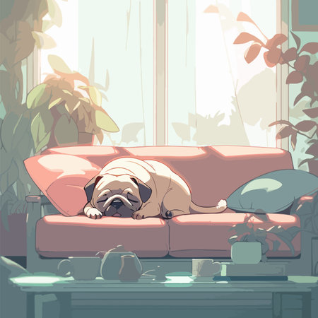 Cute dog having a nap on a soft couch in a bright apartmentのイラスト素材
