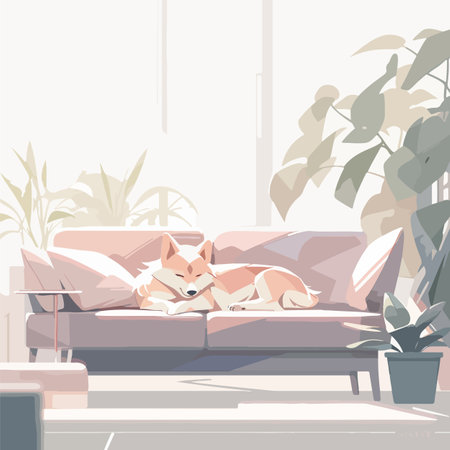 Cute dog having a nap on a soft couch in a bright apartmentのイラスト素材