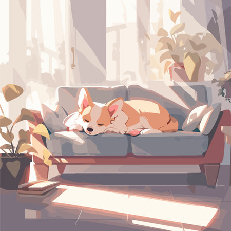 Cute dog having a nap on a soft couch in a bright apartmentのイラスト素材