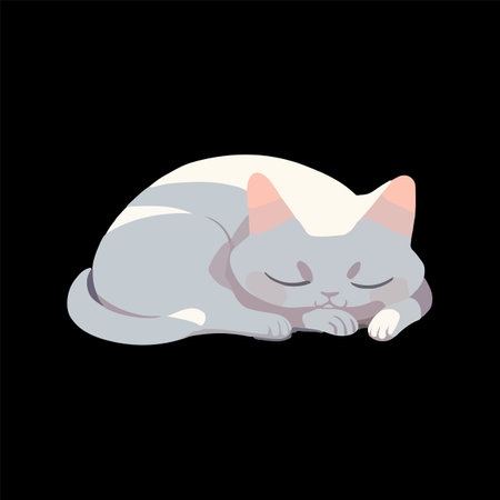 Cute white cat having a nap, snugly curled up isolated on a black backgroundのイラスト素材