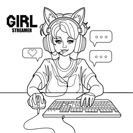 Girl gamer or streamer with cat ears headset sits in front of a computerのイラスト素材