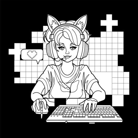 Girl gamer or streamer with cat ears headset sits in front of a computerのイラスト素材
