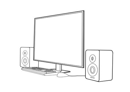 Computer set consists of monitor, two speakers, mouse and keyboardのイラスト素材