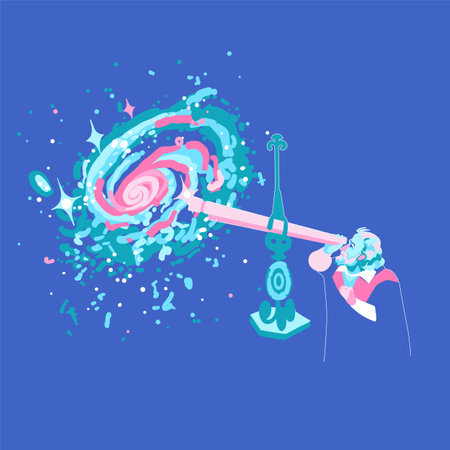 Abstract portrait of a world famous astronomer watching a spiral galaxy and stars in his telescopeのイラスト素材