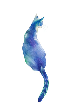 A turquoise and purple watercolor stray cat sitting with its backの写真素材