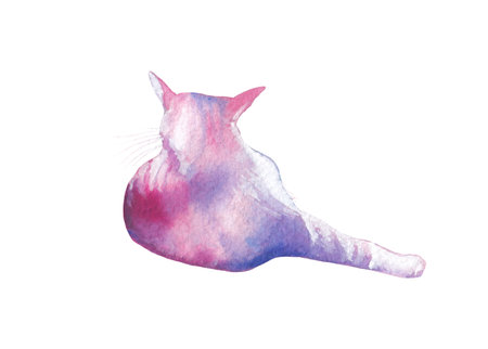 Watercolor stray cat lounging with its back to the viewer.の写真素材