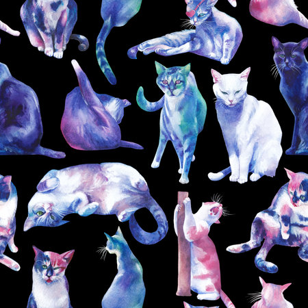 Seamless pattern of watercolor stray catsの写真素材