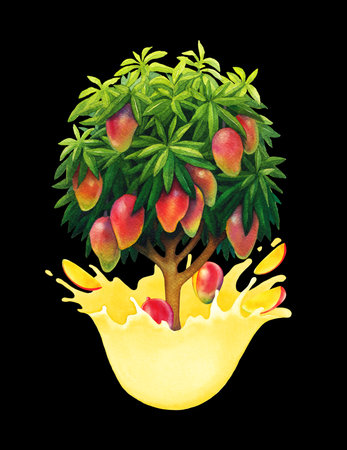 Lush watercolor mango tree grows from splashes of juice.の写真素材