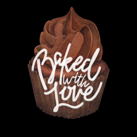 Baked with Love. A traditional watercolor cupcake with a whipped cream and a hand-lettered inscriptionの写真素材