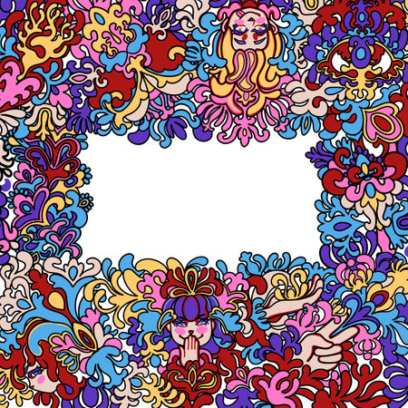 A vibrant vector card featuring female faces, stylized floral ornaments in psychedelic style in vivid colors.のイラスト素材