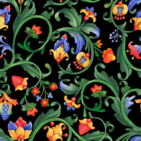 Seamless watercolor pattern with circular branches, curly leaves, and flowers, inspired by medieval botanical ornaments.の写真素材