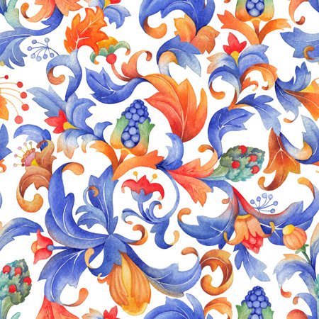Seamless medieval watercolor pattern with rich botanical elements, curly leaves, flowers, and berriesの写真素材