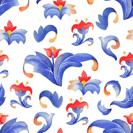 Seamless watercolor pattern with curly blue leaves and red flowers, inspired by medieval botanical ornaments.の写真素材
