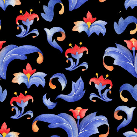 Seamless watercolor pattern with curly blue leaves and red flowers, inspired by medieval botanical...