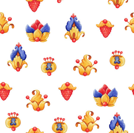 Seamless watercolor pattern with whimsical stylized flowers and berries in blue, red, and yellow tonesの写真素材