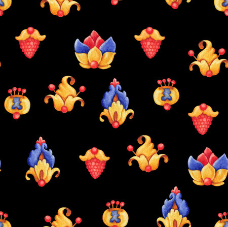Seamless watercolor pattern with whimsical stylized flowers and berries in blue, red, and yellow tonesの写真素材