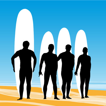 Surfers with surfboards posing for the picture on a beach background.のイラスト素材