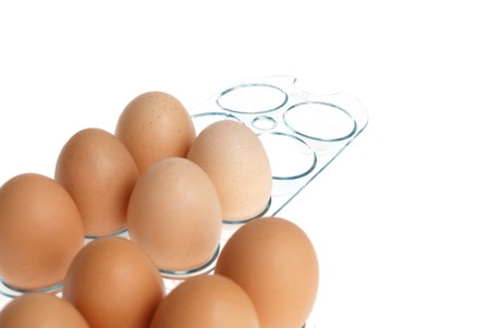 Brown eggs on a acrylic transparent stand isolated on white background.の写真素材