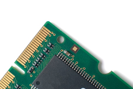 Memory chip circuit board detail isolated on white background.