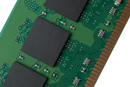Memory chip circuit board detail isolated on white background.