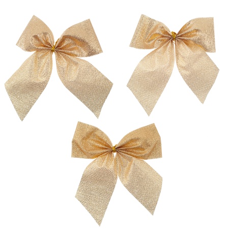 Three gift gold ribbon and bow isolated on white background.の写真素材