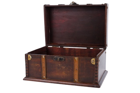 Open antique wooden trunk isolated on on white background.